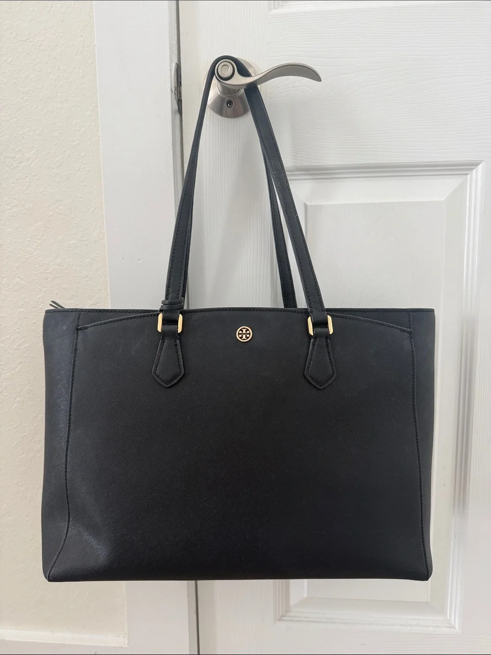 Tory Burch Black Saffiano Tote with Gold Logo